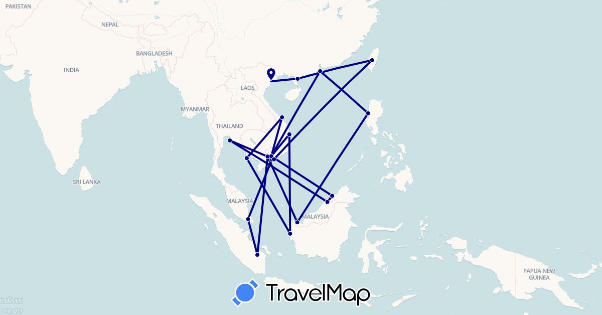 TravelMap itinerary: driving in Brunei, China, Indonesia, Cambodia, Malaysia, Philippines, Thailand, Taiwan, Vietnam (Asia)
